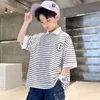 Polos T-Shirts for Boys Short Sleeve Striped Printing Polo Shirt Summer Fashion Cool Tees Tops Kids Teens 4 6 8 10 12 14 Years Old 230617