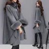 Autumn and winter style rabbit fur collar, medium length coat, temperament, cape, shawl, women's woolen coat