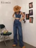 レディースツーピースパンツNicmeix Blue Denimスーツ女性夏ハイストリートセクシーなキャミソールトップウエストワイドレッグジーンズスウィートガールセット