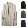 Men's Tank Tops Casual Men Loose Linen Cotton Vest Fahion Retro Solid Color Pocket Workwear Sleeveless Jackets Top Plus Size Cardigan Blusa