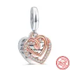 Pour pandora charms perles en argent sterling Double Dangle Charm Perles Bracelets Pave Sparkling Heart