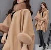 Autumn and winter style rabbit fur collar, medium length coat, temperament, cape, shawl, women's woolen coat