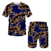 Herrspårar Summer Golden Lion Statue Mönster 3D Print Men's T ShirtShortSoque Barock Style Kort ärm Tracksuit Hip Hop Streetwear Set 230617