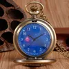 Pocket Watches Cute Bronze Quartz Hollow Watch Blue Planet Dial Kid Universe Girl Boy Fashion Halsband Klockgåvor för män damer