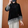 Abbigliamento etnico Stile cinese Qipao irregolare Camicie Donna Pizzo grigio Pizzo nero oro Velluto Cheongsam Top Lady Elegante camicetta orientale