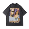 TKPA Hip-hop Rap Retrato Lavagem Camiseta Manga Curta Masculina Vintage High Street Solta Meia Manga