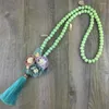 Anhänger Halsketten Mode Aqua Tuch Nachahmung Blume Metall Blatt Lange 10mm Holz Perle Neckalce Frau Maxi Statement Halskette Zubehör