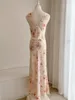 Robes décontractées Femmes V-Neck Spaghetti Strap Silk Flower Print Holiday Maxi Dress