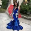 Sexy Royal Blue Velvet Mermaid Prom Dresses Deep V Neck Sweep Train Applique Plus Size Evening Party Gowns Special Occasion Dress