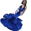 Sexy Royal Blue Velvet Mermaid Prom Dresses Deep V Neck Sweep Train Applique Plus Size Evening Party Gowns Special Occasion Dress