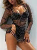 Casual Dresses Donne Pearl Rhinestone Mesh Crop Top Sexy Sheer Vedere Attraverso Manica Lunga T-Shirt Club Beach Costumi Da Bagno Coprire