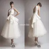 2020 Krikor Jabotian Nowe w stylu vintage krótkie suknie ślubne Peplum koronkowy tiulowy tiul bez pleców klejnot klejnot długość herbaty Sheer Beach Party Bridal Go2703