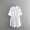 Dresses Women Simply Solid Color Stand Collar White Shirtdress Female Roll Up Sleeve Vestidos Chic Autumn Casual Pleats Dresses Ds2829