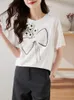 Women's T Shirts Sweet Casual Heavy Industry 3D Floral Bowtie Short Sleeve White T-Shirts Summer Basic Tops Cotton Tees 2023