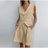 Kvinnors spårdräkter Bomull Linne Waistcoat Shorts Solid Suit Women Elegant Fashion Sleeveless V Neck Vest Two Piece Set Summer Loose Casual