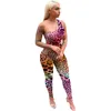 Calças femininas de duas peças coloridas leopardo estampa digital de um ombro body feminino sexy