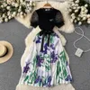 Casual jurken mode gebreide patchwork geplooDed One Piece jurken vrouwen elegante mesh puff puff mouw vlies buiging print lange nep tweedelige jurk 2023