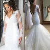 Vintage Appliques White Wedding Dresses With Sheer Long Sleeves V Neck Tulle Mermaid Bridal Gowns Sweep Train Custom Made284F