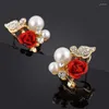 Boucles d'oreilles 2 pièces Vintage rouge Rose papillon boucle d'oreille Shellahrd strass cristal perle Brincos mode bijoux de mariage cadeau