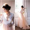 Robes de mariée champagne et blanc A-ligne 2019 dentelle illusion à manches longues carré dos ouvert taille empire robe de mariée robes de mariée291b