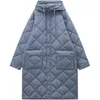 Cappotto da donna in cotone ispessito con cappuccio a maniche lunghe blu di media lunghezza autunno e inverno