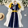 Vestidos Casuais Elegante OL Color Block Patchwork Camisa Vestidos Mulheres Novo Brincalhão Casual Lantejoulas Bordado Flor Cinto Vestido de Verão Vestido Meados de 2023