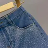 Jeans 2022 Sommar Nya elastiska denim Kvinnors tunna höga midja Löst och bantning av strass flänsande shorts