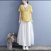 Roupas étnicas Algodão Linho Bordado Camiseta Feminina Decote em V Chinês Estilo Tradicional Vestido Oriental Manga Curta Hanfu