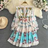 Casual Dresses Spring New Women Lace Hook Flower Stitching Floral Print Dress With Sashes Slim V-neck Long Sleeve Ladies White Dresses Vestidos 2023