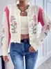 Pulls Femme Printemps Automne Mince Floral Broderie Imprimé O-Cou Cardigan Manches Longues Femmes Pull Vintage Glamour Court Tricot Pour