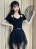 Work Dresses Dress Sets Y2k Irregular Black Mesh Skirt Dark Sexy Slim Fit Short Sleeve T-shirts Cotton Tees 2 Piece Women Crop Top