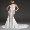 Sexy voir à travers sirène robes de mariée 2022 col en v profond 3D dentelle florale balayage Train plage Boho réception nuptiale Gown279N