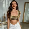 Women's Tanks Cami Sexy Body Chain Halter Harness Detail Backless Sequin Decor Crop Top in Gold 230617