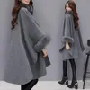 Autumn and winter style rabbit fur collar, medium length coat, temperament, cape, shawl, women's woolen coat