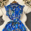 Casual Dresses Runway Floral Print Beach Dress Women 2023 Sommar ärmlös ruffle spetsar upp bältet en linje korta mini skjorta klänningar