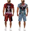 Herrspårsskalle Floral 3D Print Suit For Men TShirtSShorts 2PCS Vintage Outfits Set Gothic Trendy Streetwear Tracksuit Clothing for Man 230617