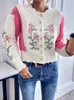 Kvinnors tröjor Spring Autumn Slim Floral Embroidery Print O-Neck Cardigan Full Sleeve Women Sweater Vintage Glamorous Short Sticking For