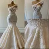 Luxuosos vestidos de noiva de renda frisada Um ombro vestidos de noiva sereia contas de cristal lantejoulas trem de varredura imagem real Robe De Mari185P