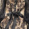 Casual primavera verão feminino flor preta bordado malha longo com faixas lapela botão decoração elegante vestidos de festa 2023