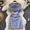 Casual Dresses Elegant Dresses For Women 2023 High Quality Print Lace Summer Dress Vestidos Tweed Trim Single-Breasted Slim Bodycon Dress