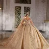 2021 Shinny Ball Gown Abiti da sposa Champagne Off spalla di lusso in rilievo di cristallo Arabia Saudita Dubai Abito da sposa Plus Size3393