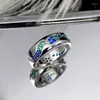 Alianças de Casamento Luxo Feminino Verde Zircão Anel Moderno Cor Prata Redonda Para Mulheres Charm Pinky Pequena Pedra Azul Noivado