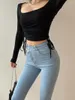 Women's T Shirts TVVOVVIN 2023 Autumn Slim Fit Square Neck Side Drawstring Long Sleeve T-shirt Women's Sexy Solid Open Collar Low Top