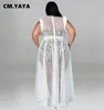 Dresses Cm.yaya Plus Size Women White Black Mesh See Though High Waist with Sashes Big Swing Maxi Dress 2022 Summer Long Dresses