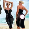 Vestidos casuais femininos com strass sexy vestido arrastão malha oca transparente bodycon fino transparente roupa de praia camisola