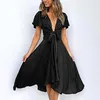 Robes décontractées mode femmes Sexy col en v profond plissé à manches courtes nœud Maxi pour les femmes été bord de mer robe de soirée Vestidos