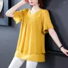 Damenblusen, Chiffon-Oberteil, Damen-Sommer-dünnes Kurzarm-T-Shirt, fettes MM, lockeres, modisches Rundkragen-Botoming-Hemd, 5XL