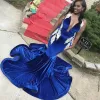 Sexy Royal Blue Velvet Mermaid Prom Dresses Deep V Neck Sweep Train Applique Plus Size Evening Party Gowns Special Occasion Dress
