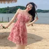 Casual Dresses Pink Rose Sexy Y2k Korean Mini Dress Female Summer 2023 Niche Design Milky Sweet Strappy One Piece Backless Holiday