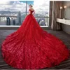Vestido de Noiva Vermelho Brilhante 2022 Fora do ombro Com Mangas Lantejoulas Corpete de Renda Trem Catedral Vestidos de Noiva de Luxo Vestidos de Noiva 323l